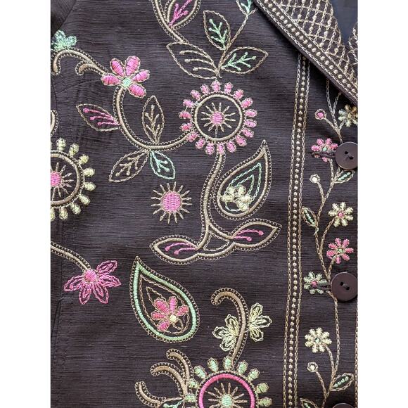 VTG Silkland S Women 100% Silk Brown Floral Jacket Embroidered Collared Lined - Picture 12 of 15